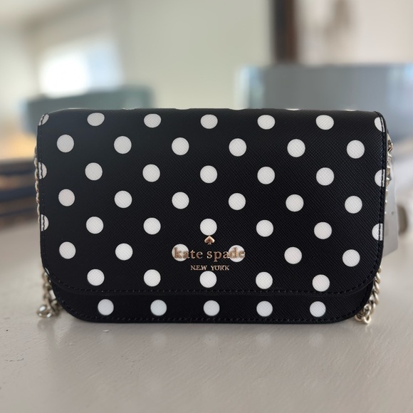 KATE SPADE Cheers Crossbody Bag - Black and White Polka Dot Leather Purse - Picture 2 of 15